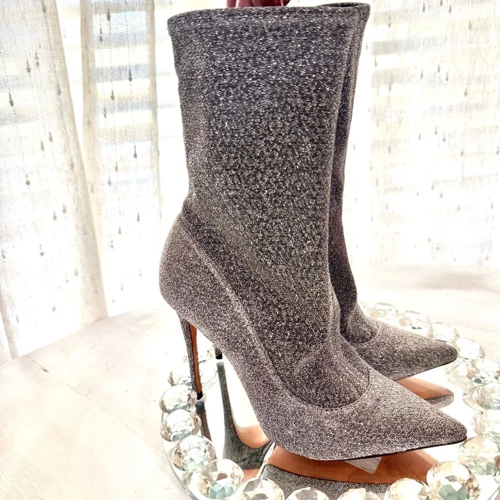 $258 SCHUTZ Silver Metallic Stretch Heeled Ankle Booties 9.5 NWT